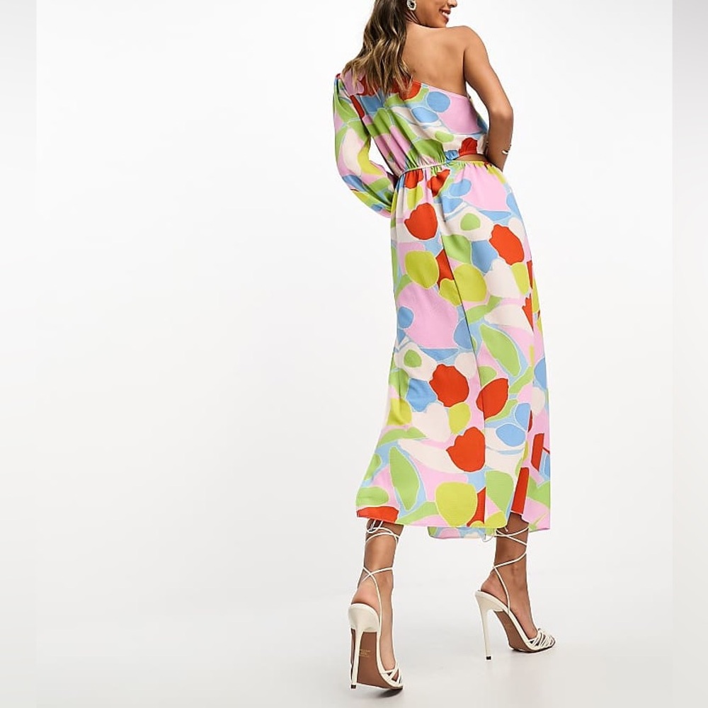 ASOS One Shoulder Midi Dress Cut Out Retro Abstract Print Multicolor Size 6 - Picture 2 of 14
